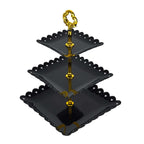 3-Tier Plastic Square Cupcake Stand Tower Black - Charming Disposable Dessert Display Serving Tray Platter with Heart Wavy Edge & Gold Top Handle for Tea Parties Weddings & Special Occasions 13"