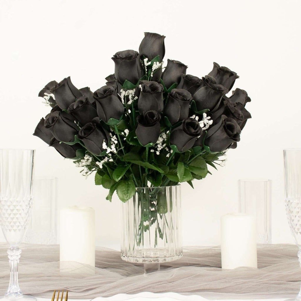 12 Bushes Black Artificial Premium Silk Flower Rose Bud Bouquets