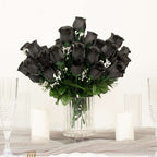 12 Bushes Black Artificial Premium Silk Flower Rose Bud Bouquets