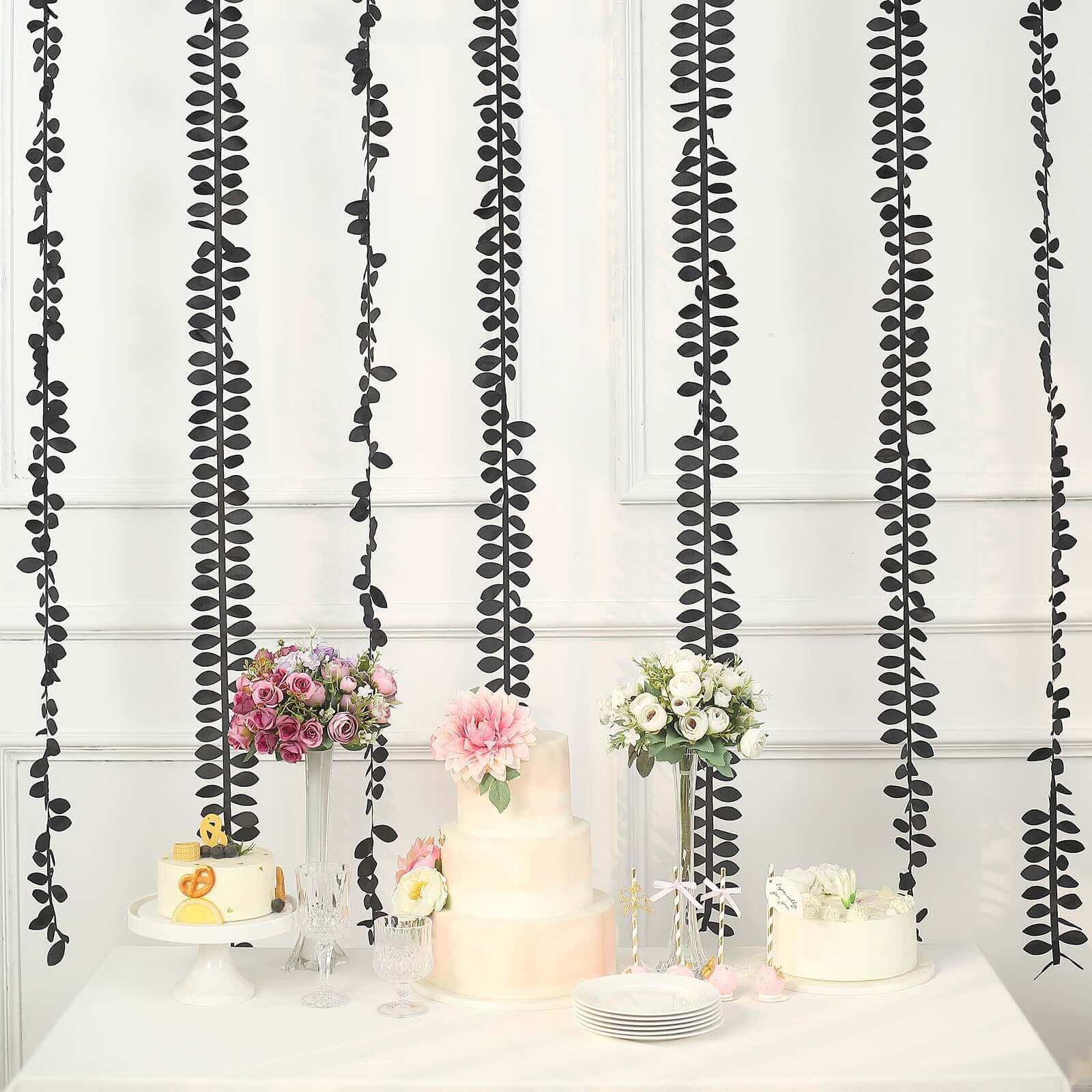 Taffeta Ribbon Sash with 4" Leaf Petal Design Black 50ft - Sophisticated Artificial Fabric Garland for Events