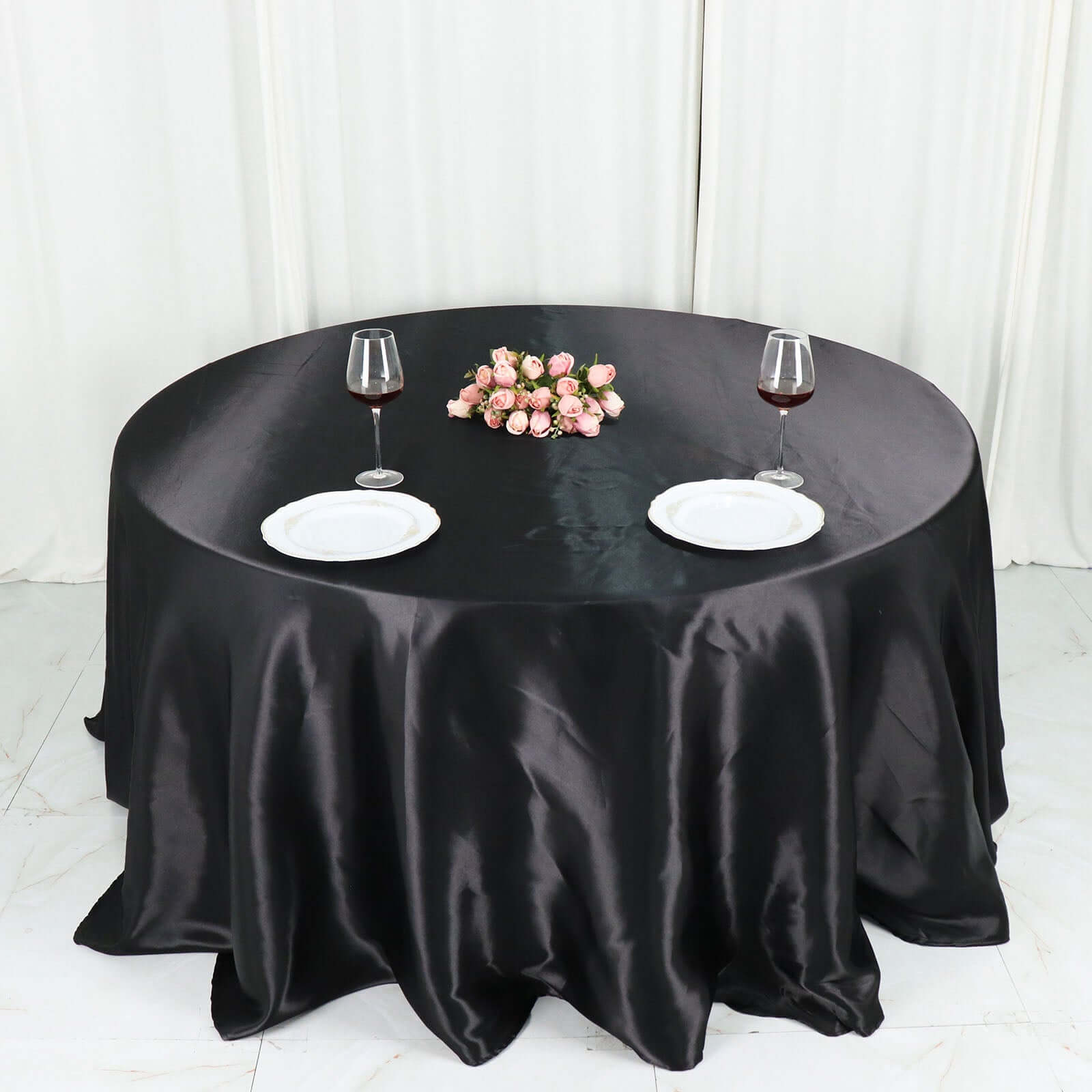 Satin 132" Round Tablecloth Black - Stylish Seamless Table Cover for Weddings & Events