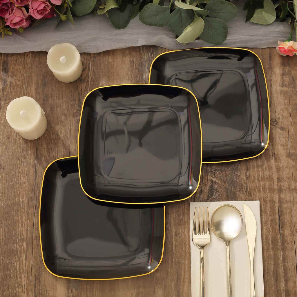 10-Pack Plastic 7" Square Dessert Plates in Black with Gold Rim - Classy Disposable Appetizer Salad Plates