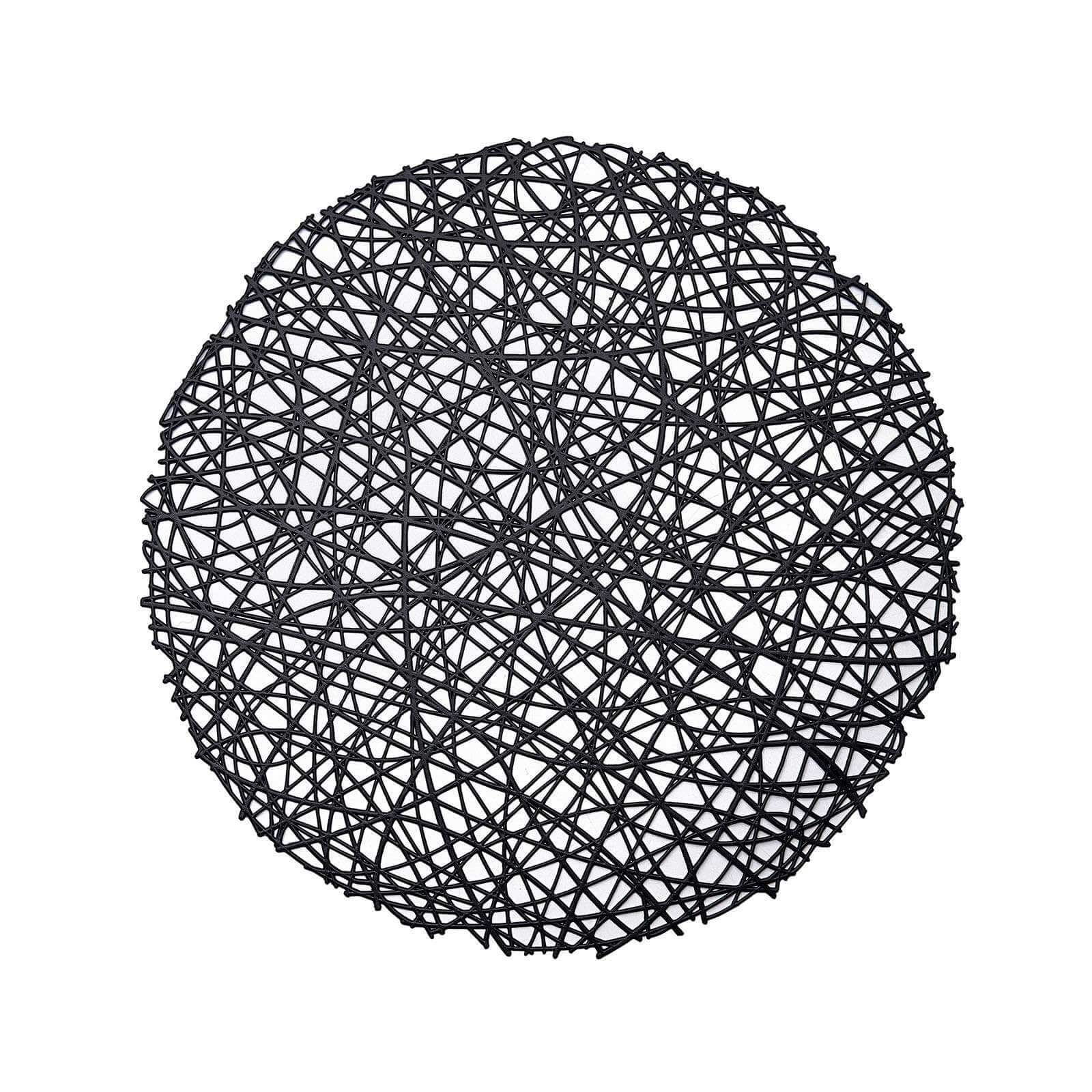 6-Pack Vinyl Placemats Black Woven Design - Durable Non-Slip Round Table Mats for Dining 15"