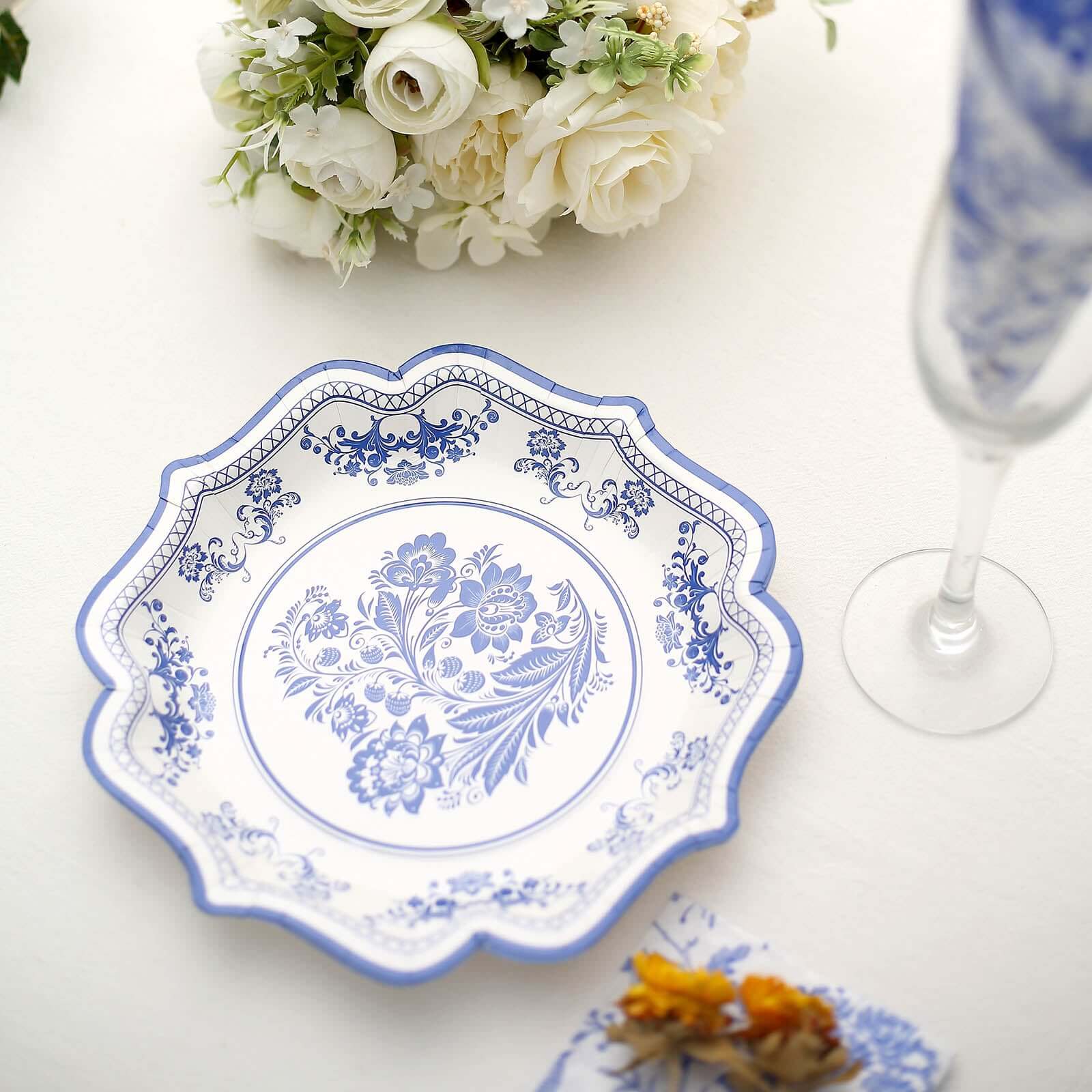 25-Pack Paper Dessert Plates in White with Light Blue Damask Floral Print & Scallop Rim - Stylish Disposable 300GSM Floral Salad Appetizer Plates 8"