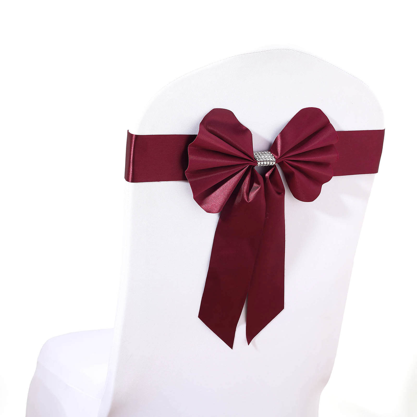 5 Pack Satin Faux Leather Chair Sashes Burgundy - Durable Double Sided Pre-tied Bow Tie Chair Bands with Diamond Rhinestone Buckles