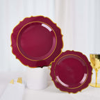 10-Pack Plastic 8" Round Dessert Plates in Burgundy with Gold Scalloped Rim - Disposable Appetizer/Salad Plates