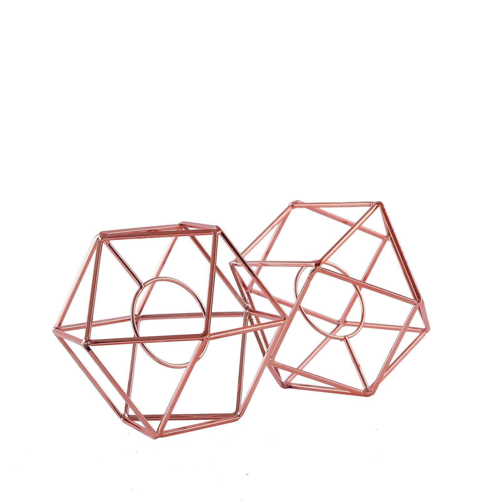 Set of Metal Candle Holders Linked Geometric Design Rose Gold - Modern Table Decor with Votive Glass for Gatherings 11"