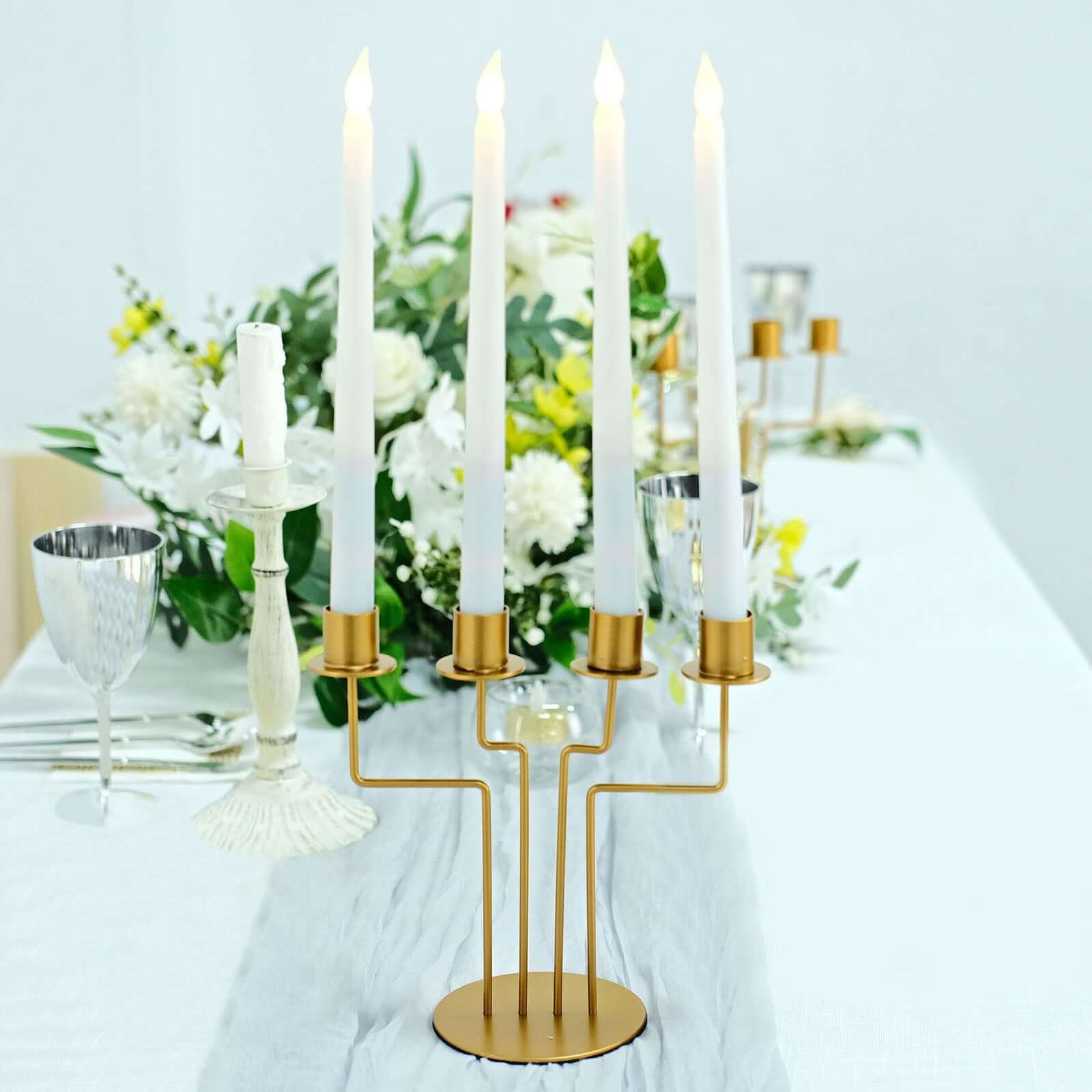 2-Pack Geometric Taper Candelabra 4 Arm Design Gold Metal Decorative Centerpiece - Perfect for Events 8"
