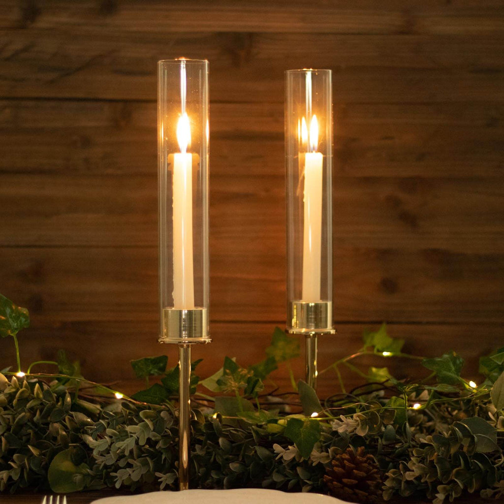 2-Pack Gold Metal Taper Candlestick Holders, Clear Glass Hurricane Candle Stands With Chimney Candle Shades 16"