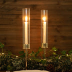2-Pack Gold Metal Taper Candlestick Holders, Clear Glass Hurricane Candle Stands With Chimney Candle Shades 16"