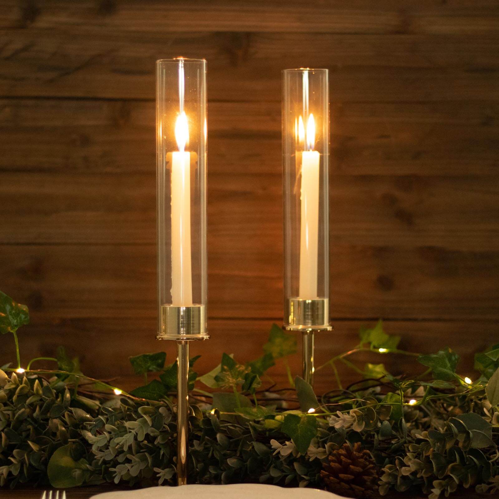 2-Pack Gold Metal Taper Candlestick Holders, Clear Glass Hurricane Candle Stands With Chimney Candle Shades 16"