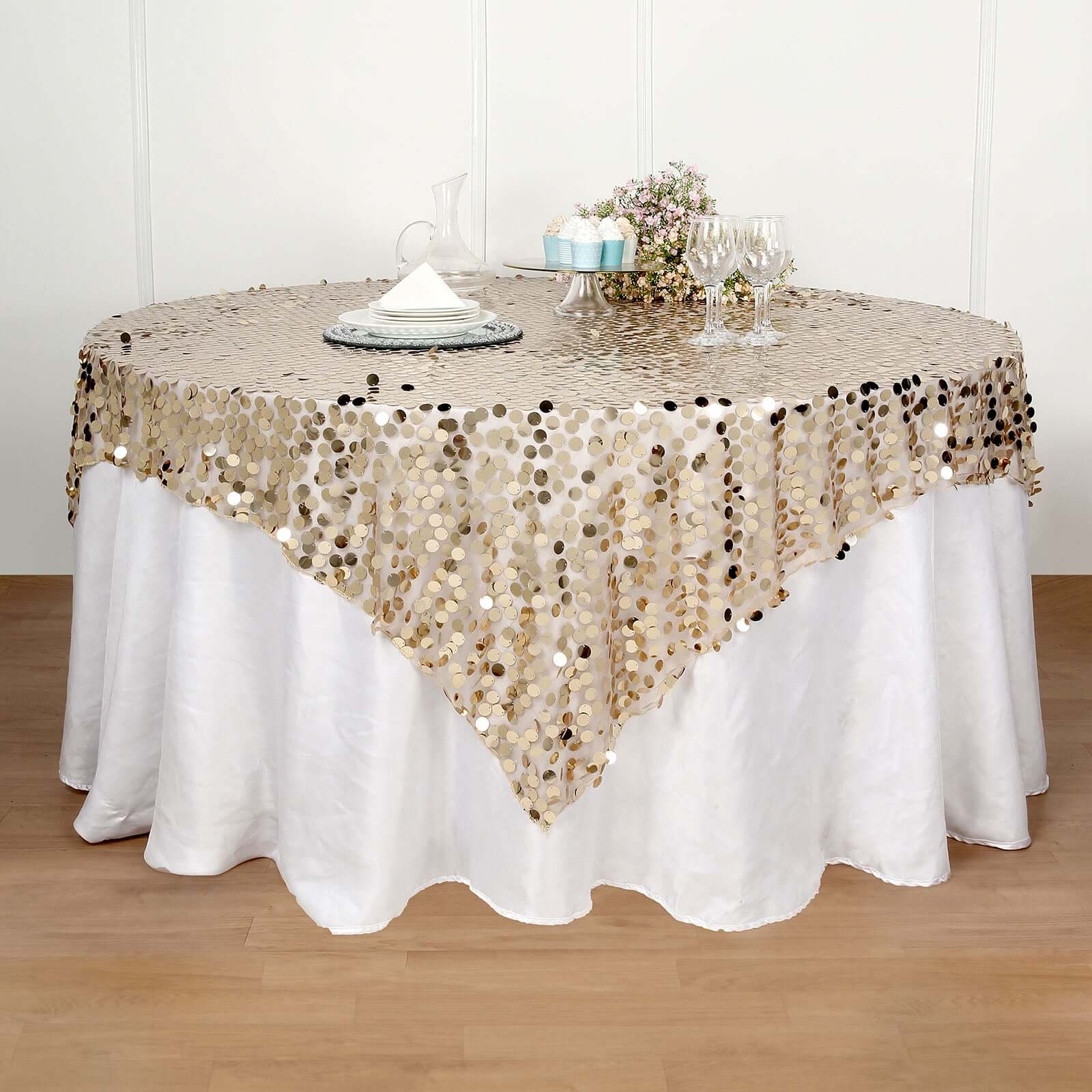 Sequin 72"x72" Table Overlay Square Tablecloth Champagne - Big Payette Table Cover