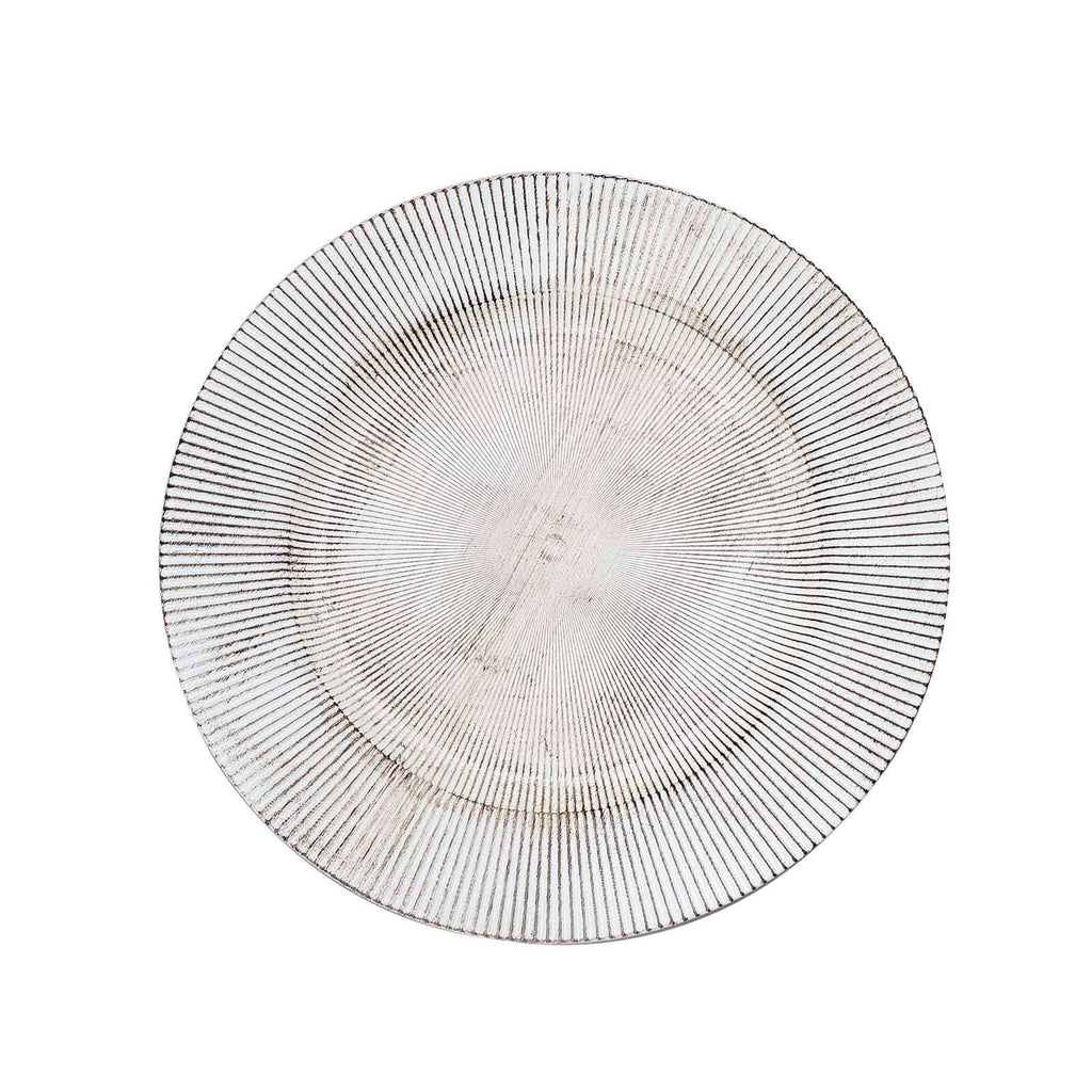 6-Pack Faux Wood Round Charger Plates 13" White Washed with Embossed Sunray Pattern, Chic Plastic Decorative Chargers