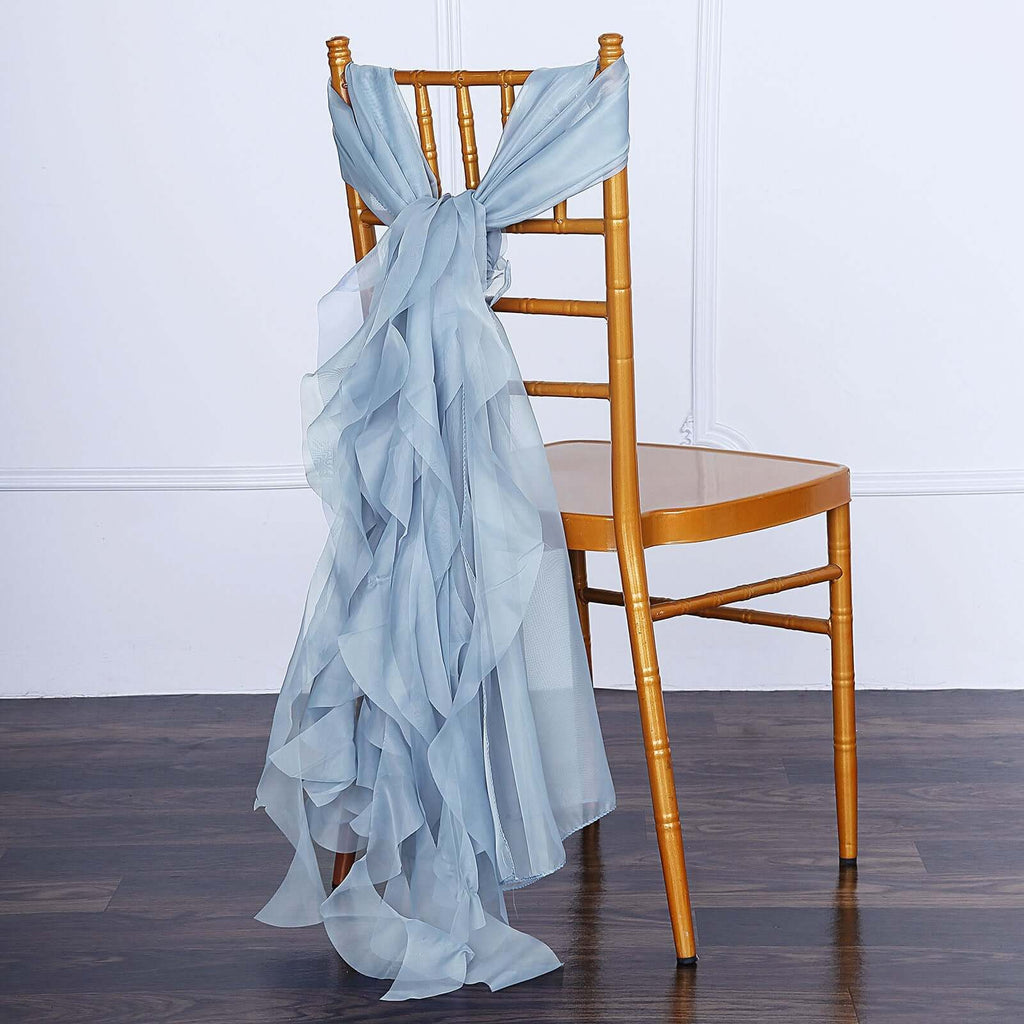 1 Set Chiffon Hoods Chair Sashes with Willow Ruffles Design Dusty Blue - Stylish Chair Bow Decor