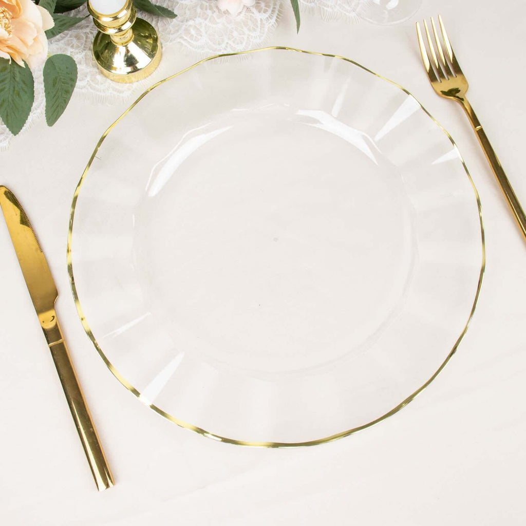 10-Pack Plastic 11" Round Dinner Plates in Clear Ruffled Rim with Gold Edging - Sturdy Disposable Dinnerware