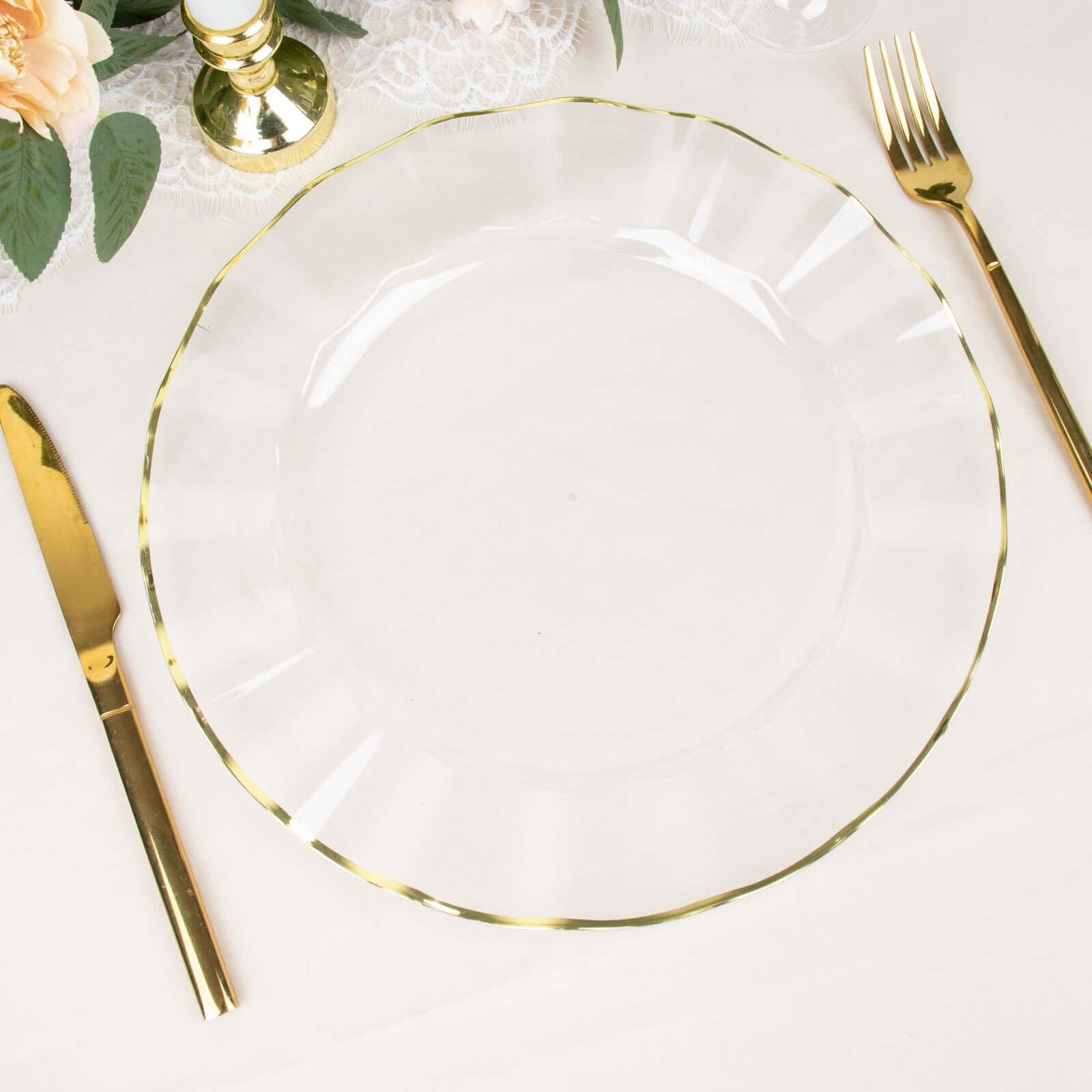10-Pack Plastic 11" Round Dinner Plates in Clear Ruffled Rim with Gold Edging - Sturdy Disposable Dinnerware