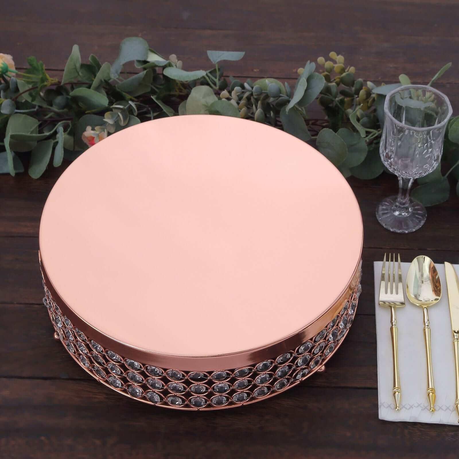 Metal Cake Stand Pedestal Crystal Beaded Design Rose Gold - Cupcake Display and Dessert Riser 14"