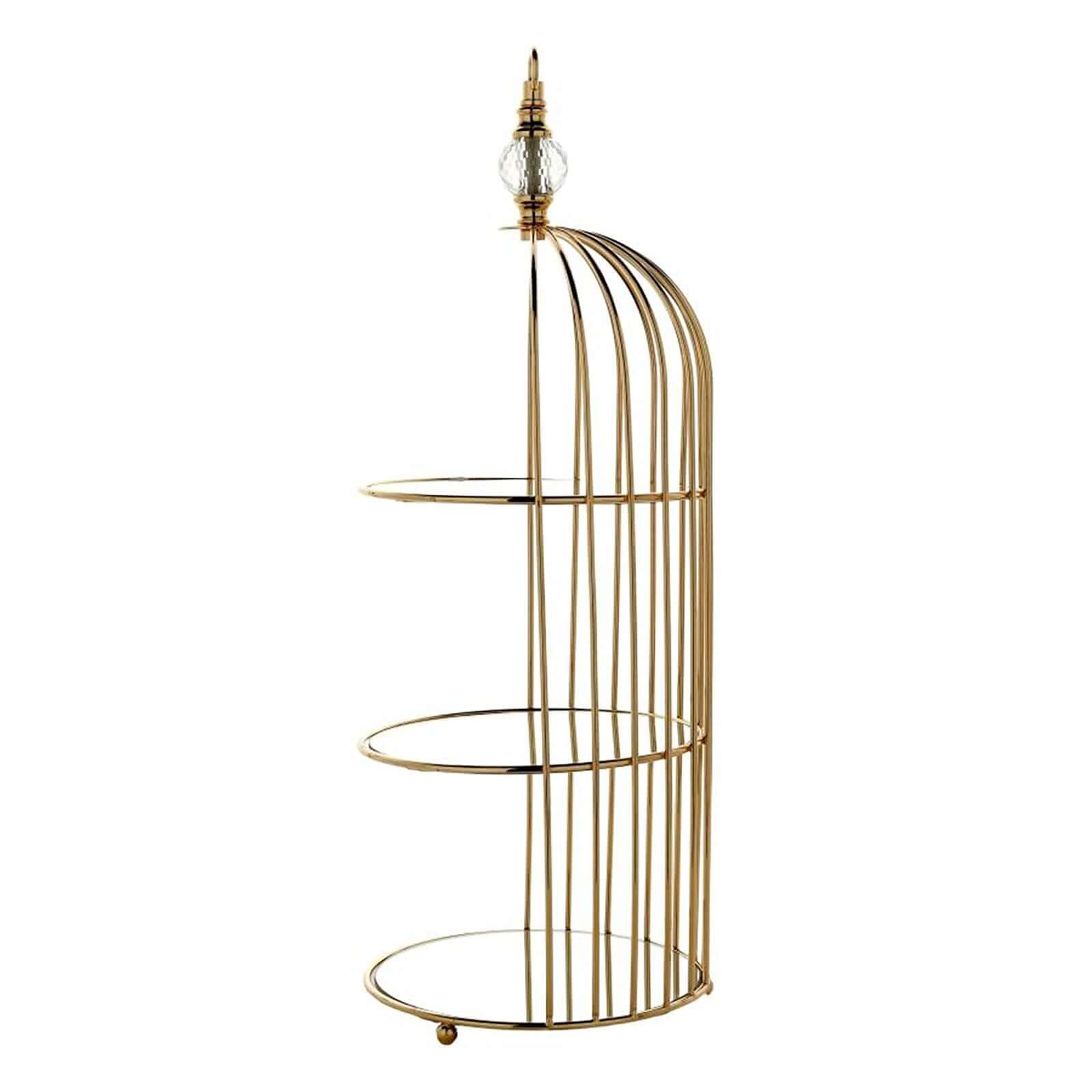 3-Tier Cupcake Cake Stand Bird Cage Design with Crystal Top Mirror Base - Serving Tray with Hanging Option 22"