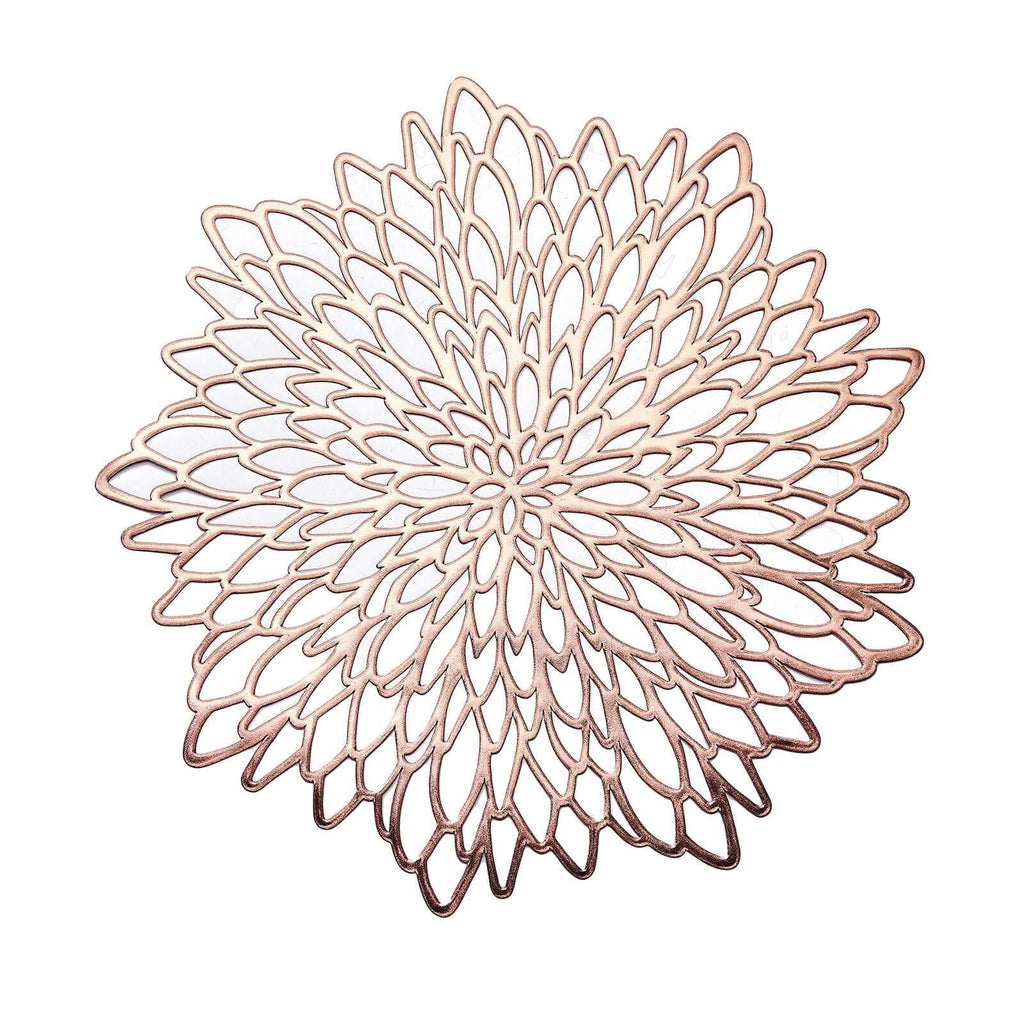 6-Pack Dining Table Mats Floral Design Rose Gold - Metallic Vinyl Round Non-Slip Mats for Tables 15"