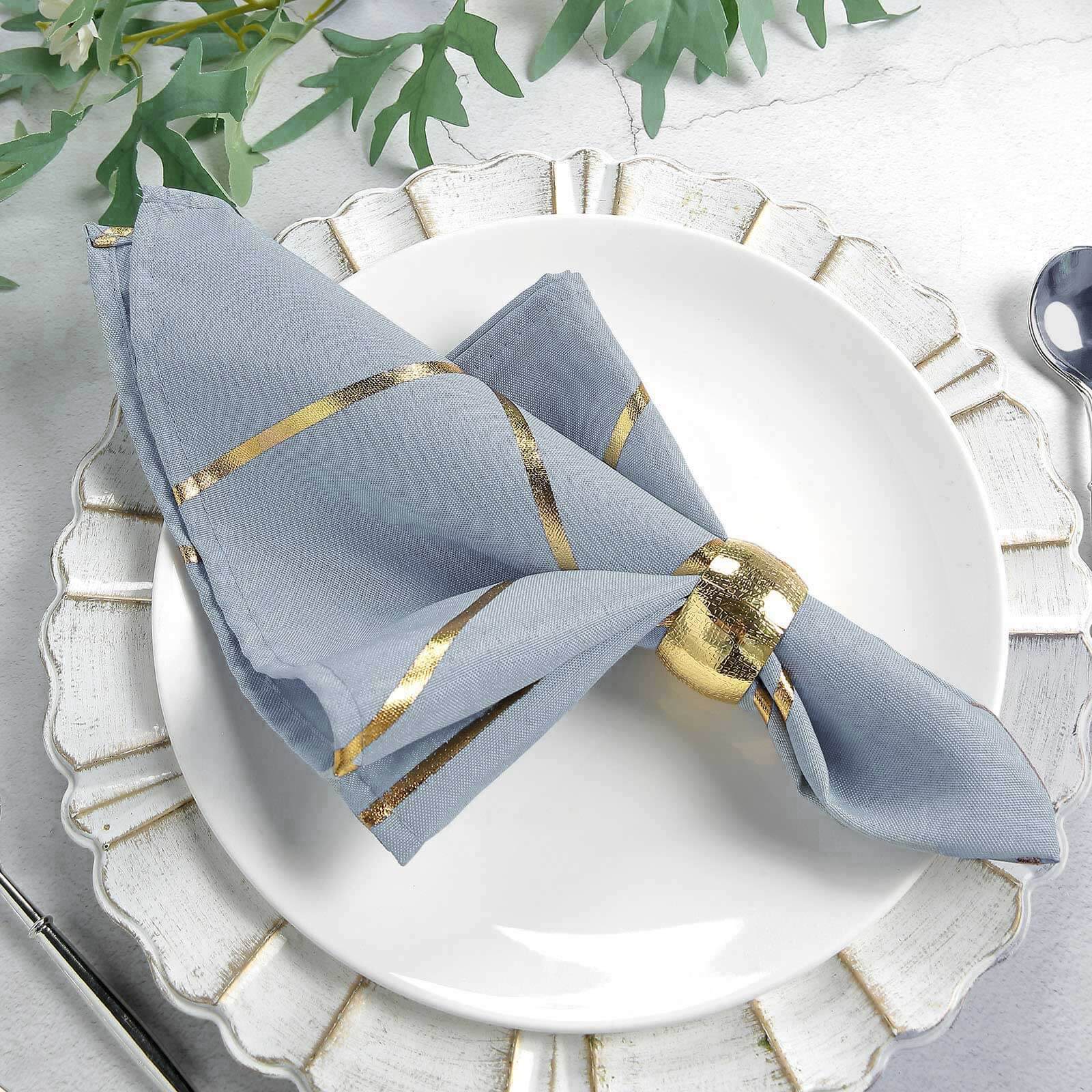 5 Pack Polyester 20"x20" Napkins Dusty Blue with Gold Geometric Foil Pattern - Modern Reusable Dinner Napkins