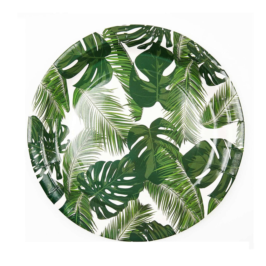 25-Pack Paper 9" Round Dinner Plates in White with Tropical Palm Leaf Design - Disposable 300GSM Party Plates for Luau & Summer Gatherings