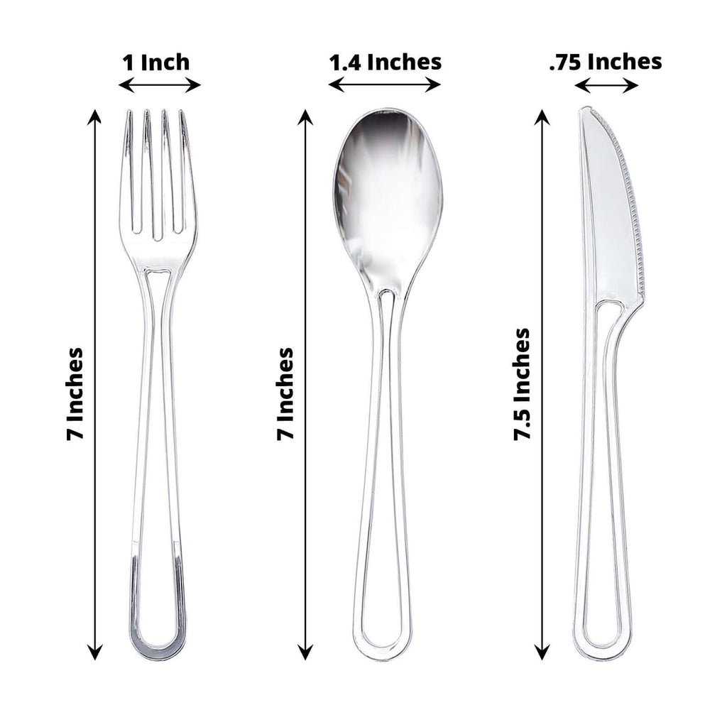 24-Pack Plastic Utensil Set with Modern Hollow Handle Design Silver - Disposable Silverware 7"