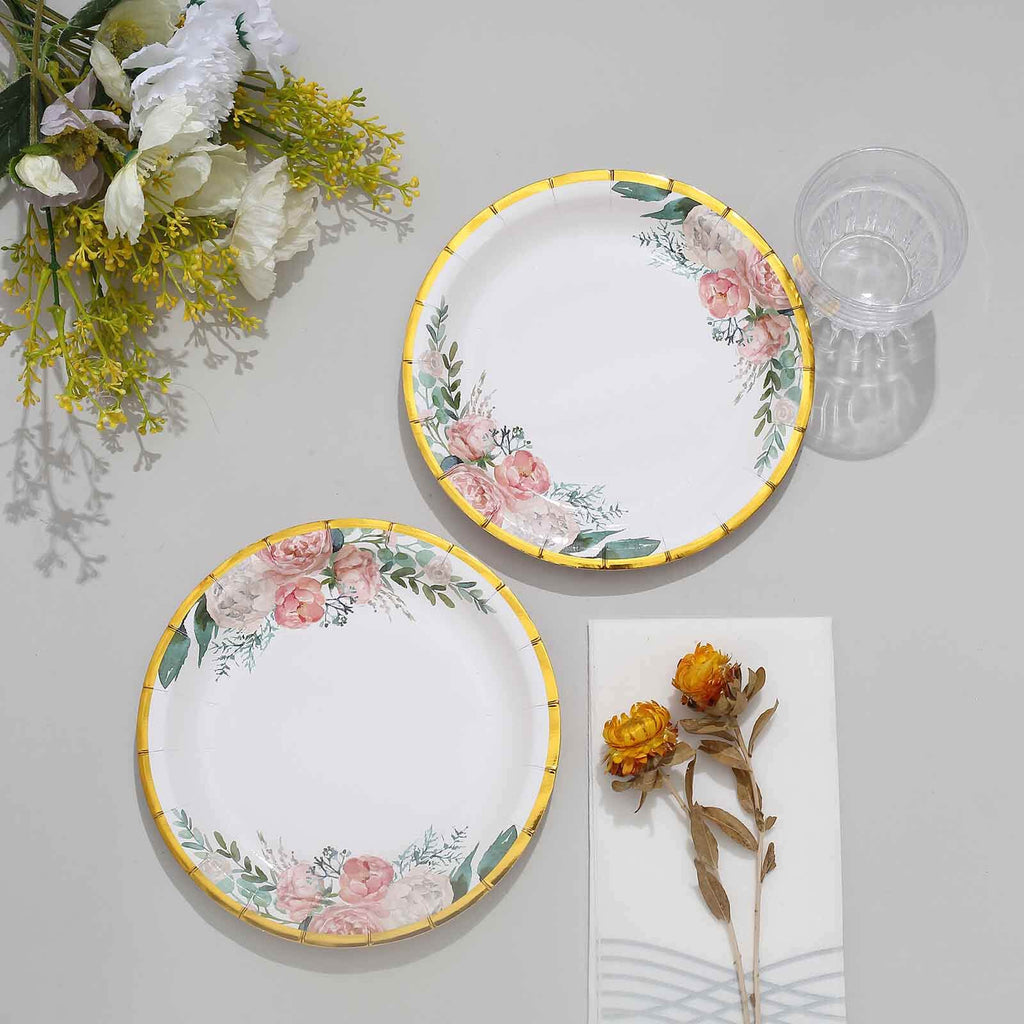 25-Pack Paper 7" Round Dessert Plates in White with Peony Floral Design & Gold Rim - Disposable Floral Salad Appetizer Plates for Brunches & Afternoon Teas