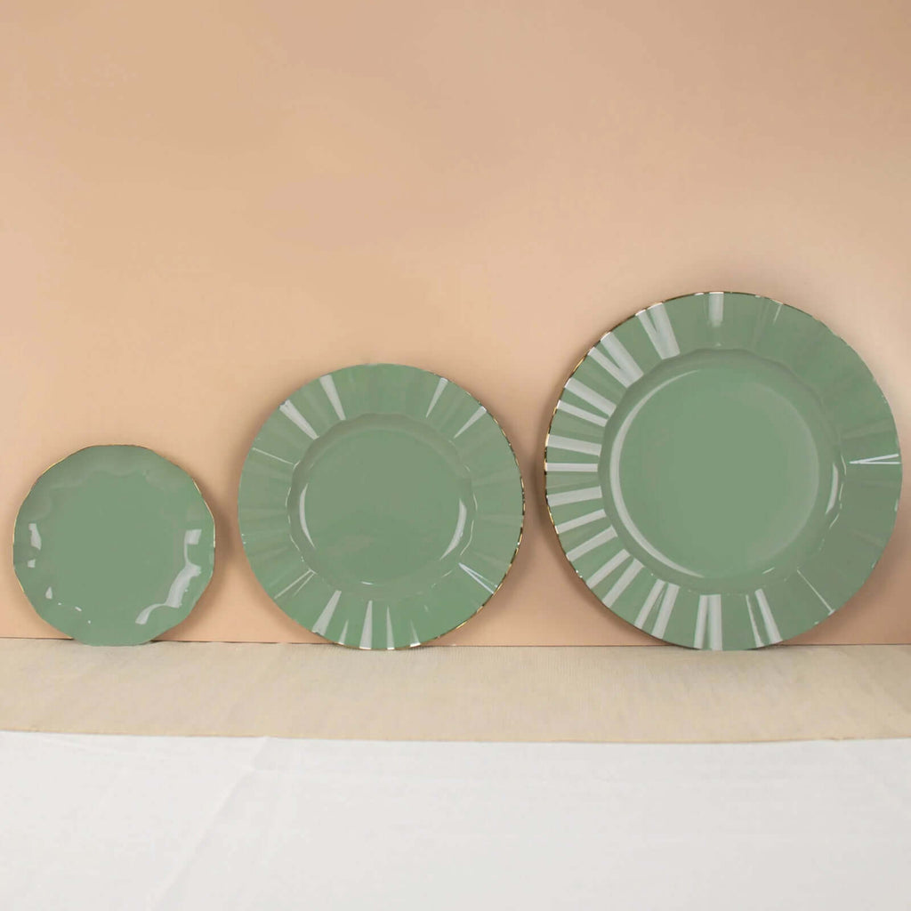 10-Pack Plastic Round 6" Dessert Plates in Dusty Sage Green Ruffled Rim with Gold Edging - Sturdy Disposable Salad Appetizer Dinnerware