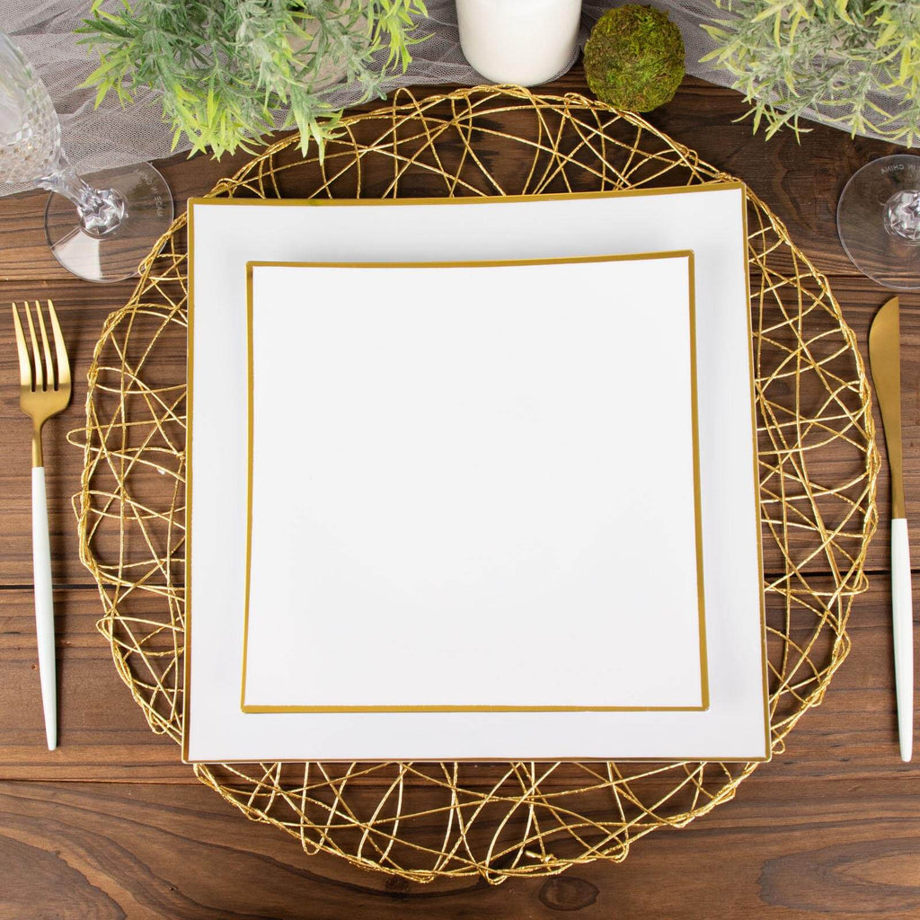 10-Pack Plastic 10" Square Dinner Plates in White Concave Style with Gold Rim - Modern Disposable Party Plates for Weddings & Special Events