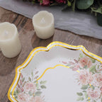 25-Pack Paper 8" Dessert Plates in White with Floral Print & Gold Scallop Rim - Disposable 300GSM Appetizer Salad Plates for Cocktail Events & Receptions