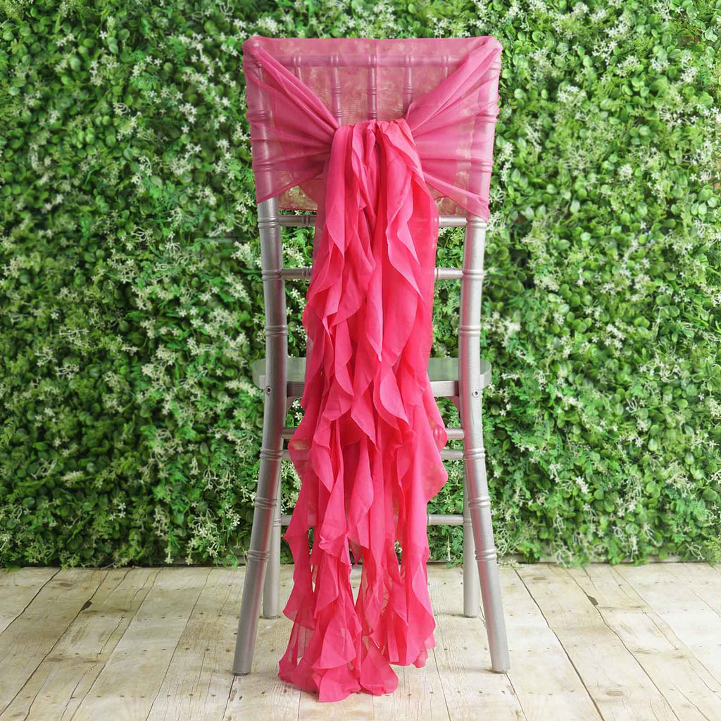 1 Set Chiffon Hoods Chair Sashes with Willow Ruffles Design Fuchsia - Stylish Chair Bow Decor