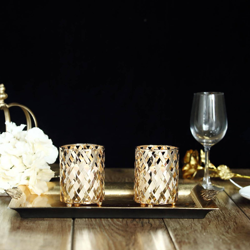 2-Pack Votive Candle Holders Gold Metal Diamond Cut Geometric Design - Perfect for Home DÃ©cor and Events 4"