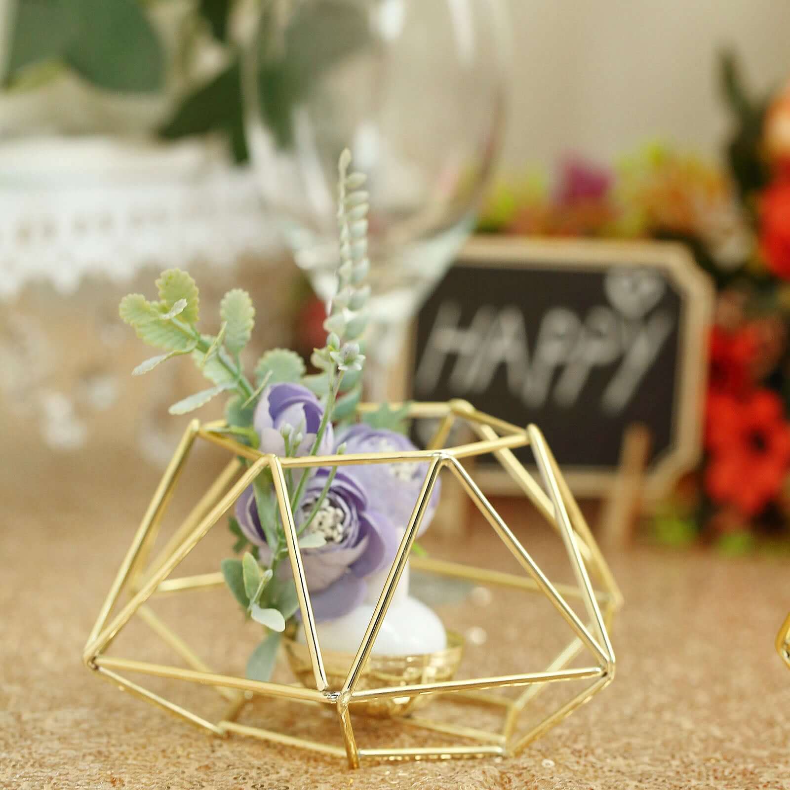 Set of 2 Candle Holders Metal Hexagon Geometric Design Gold - Modern Decorative Centerpieces for Tables 4"x3"