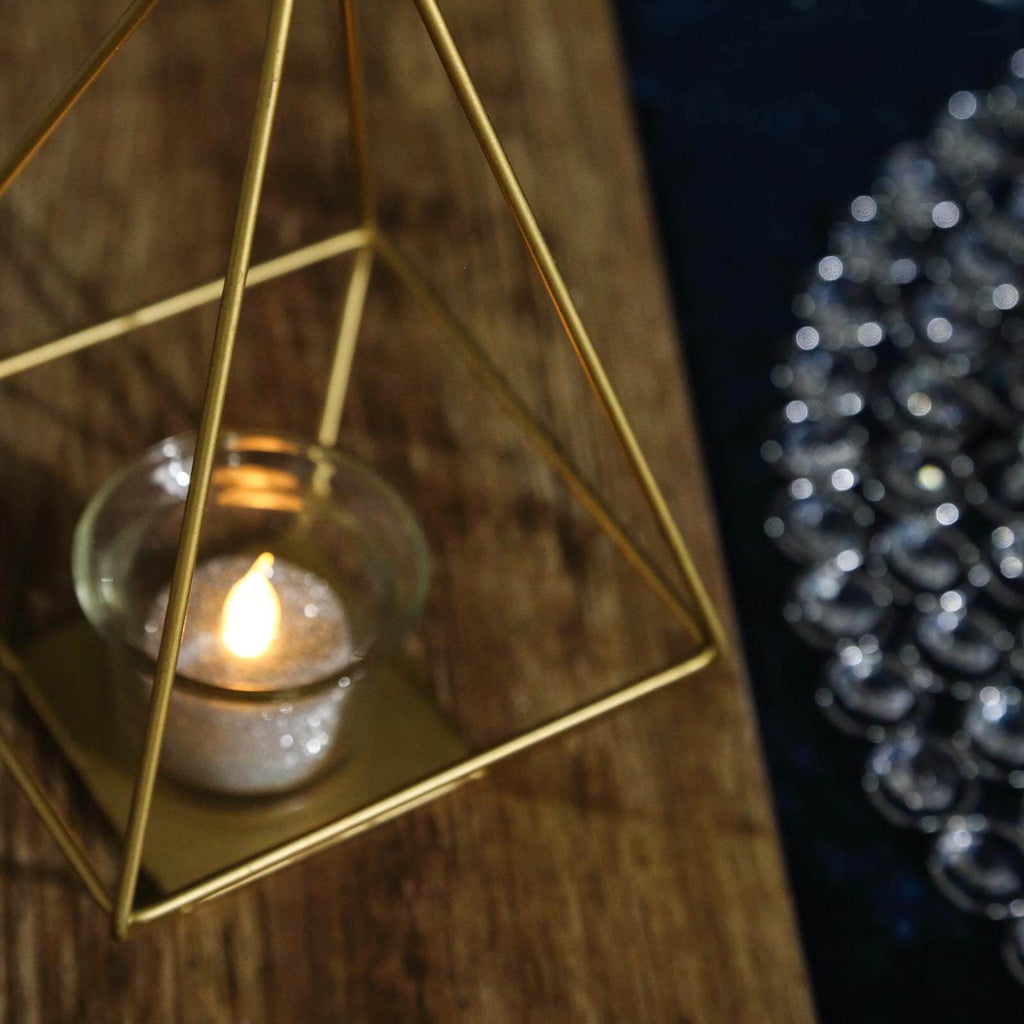 2-Pack Tealight Candle Holders Gold Metal Pyramid Geometric Open Frame - Flower Stand 9"