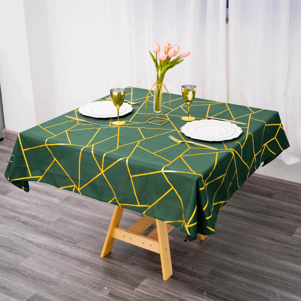 Polyester 54"x54" Square Tablecloth Hunter Emerald Green with Gold Foil Geometric Pattern - Wrinkle-Resistant & Durable Table Cover