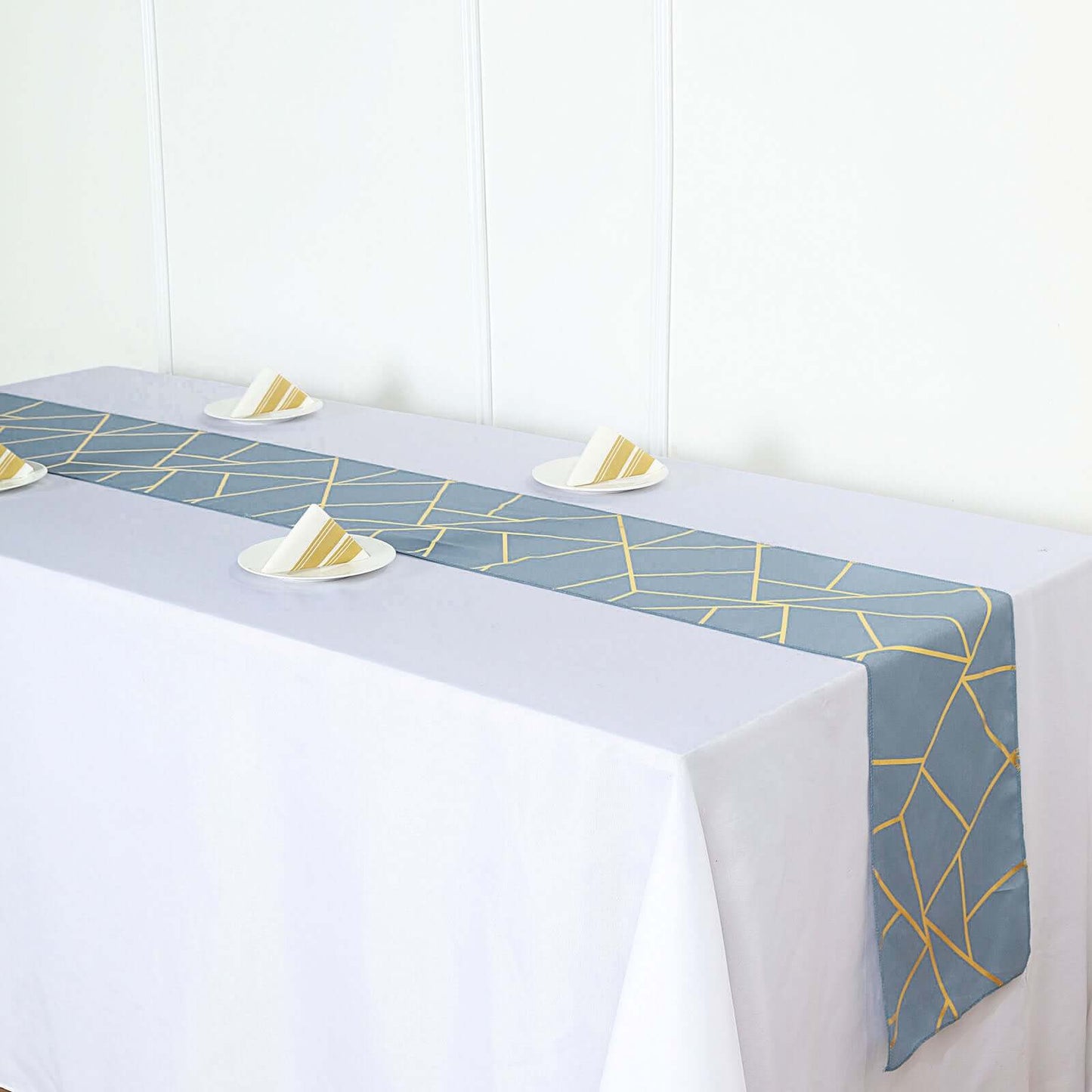 Polyester 9ft Table Runner Dusty Blue with Gold Foil Modern Geometric Accent