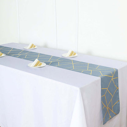 Polyester 9ft Table Runner Dusty Blue with Gold Foil Modern Geometric Accent