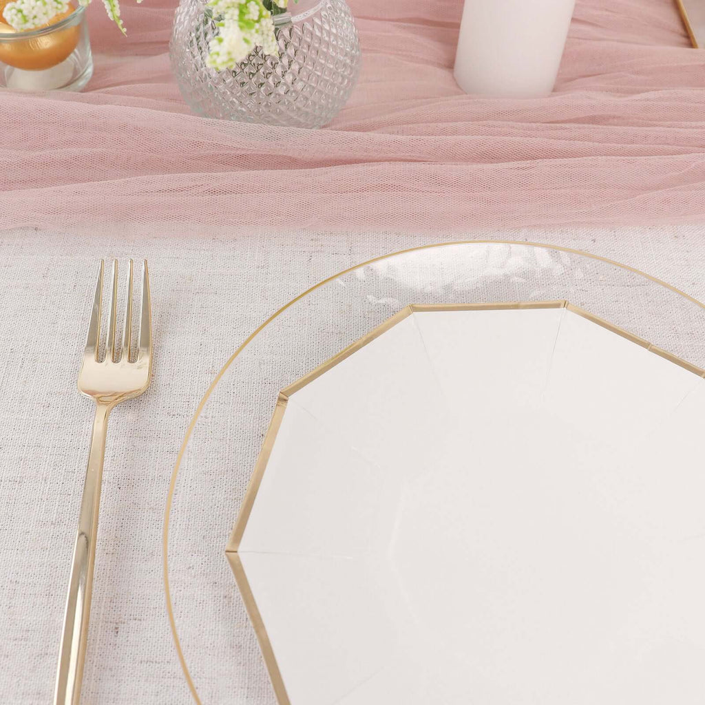 25-Pack Paper 7" Decagon Appetizer Plates in White with Gold Foil Rim - Stylish Geometric Dessert/Salad Plates for Cocktail Parties & Receptions