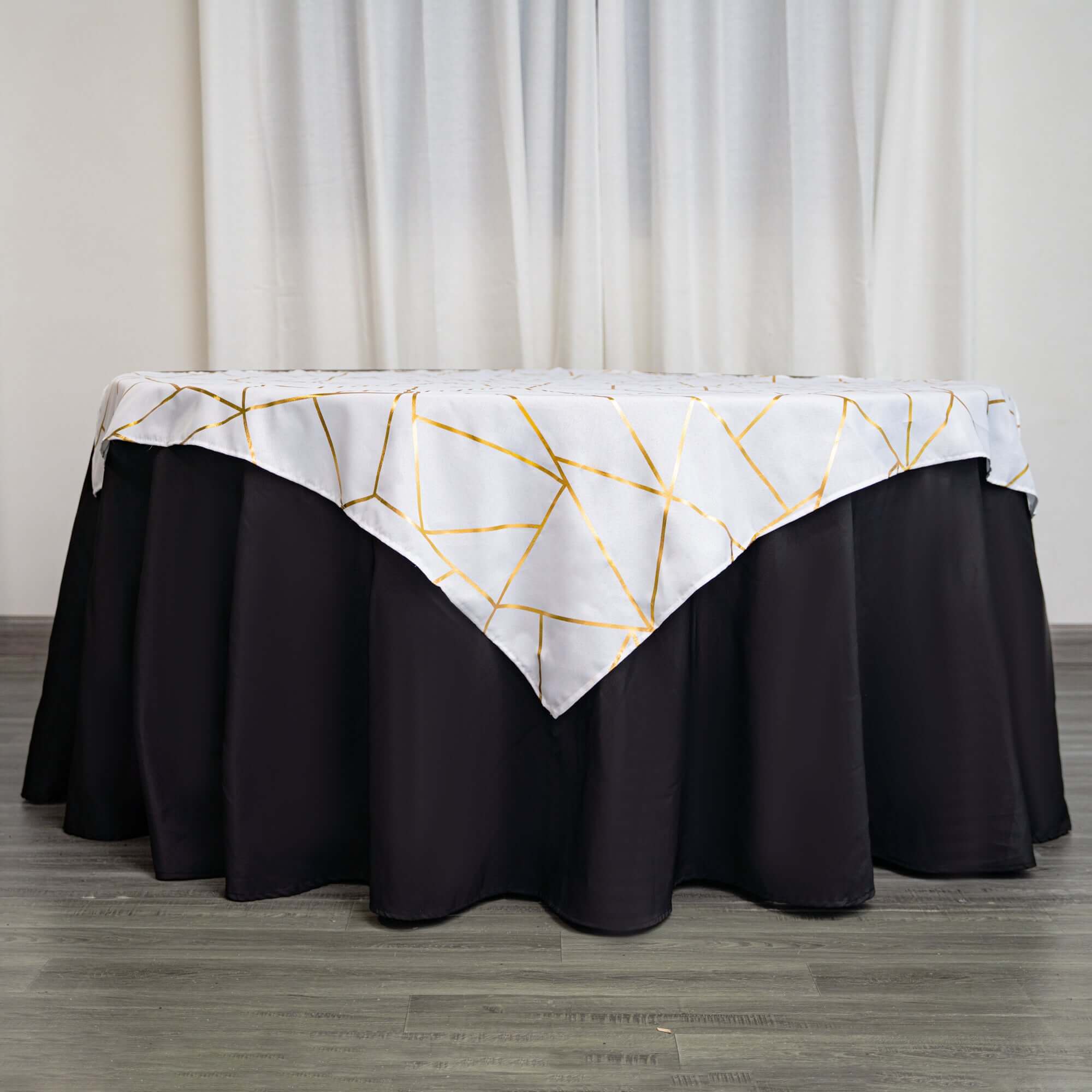 Polyester 54"x54" Table Overlay Square Tablecloth White with Gold Foil Geometric Pattern - Wrinkle-Resistant & Durable for Stylish Settings