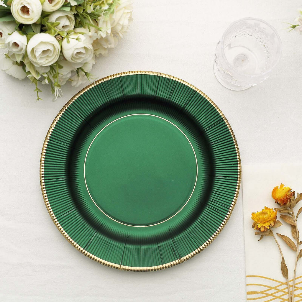 25-Pack Paper 10" Round Dinner Plates in Hunter Emerald Green Sunray Design with Gold Rim - Disposable Heavy Duty 350GSM Party Plates