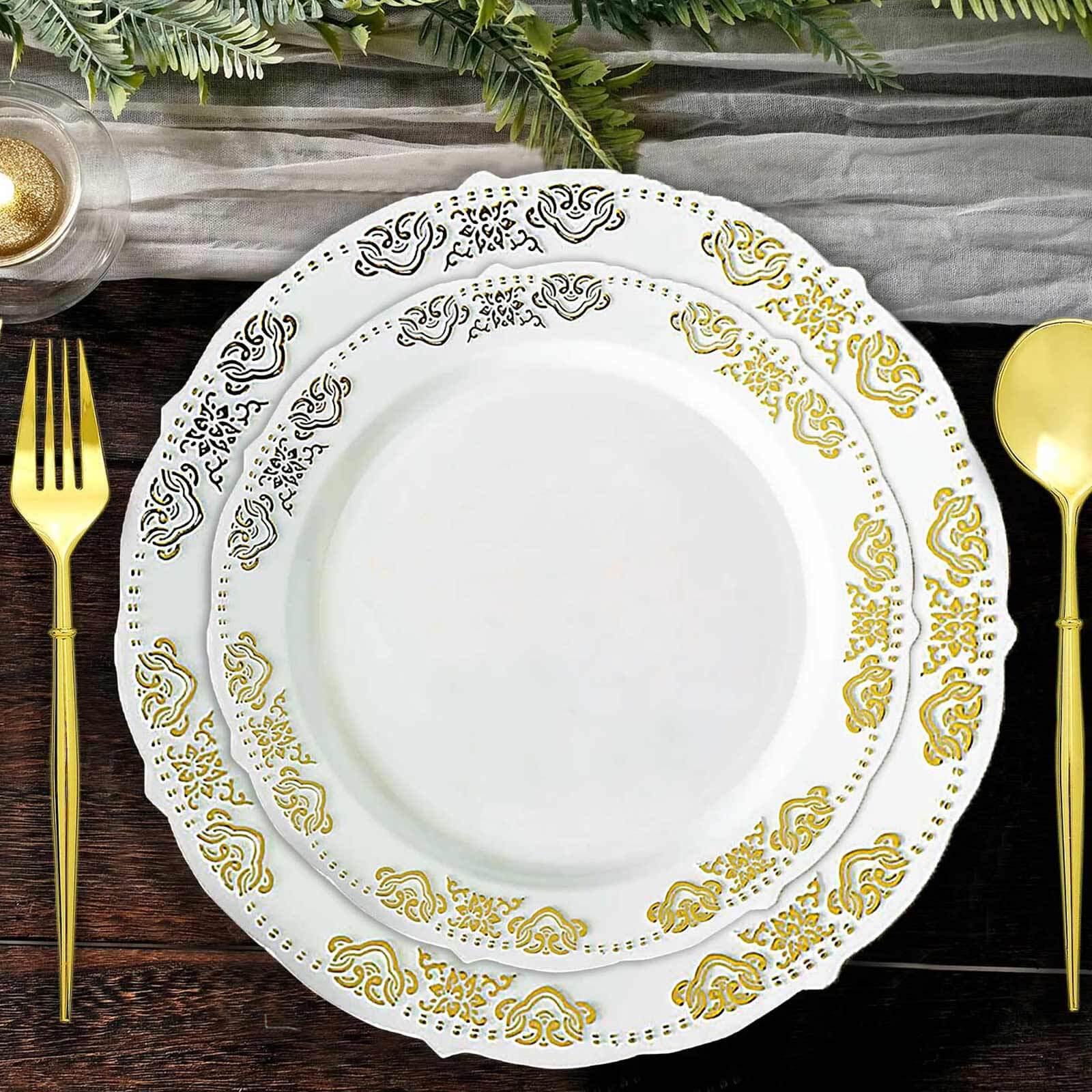 10-Pack Plastic 7.5" Round Appetizer Plates in White with Gold Embossed Scalloped Edge - Chic Disposable Salad Plates for Special Occasions & Banquets