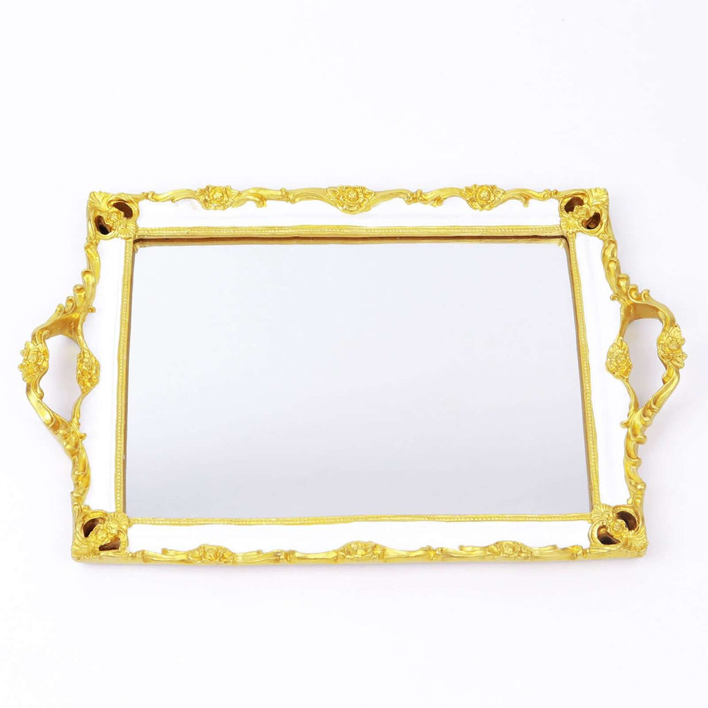 Resin Mirrored Rectangle Serving Tray 15"x10" in White with Gold Baroque Design, Stylish Decorative Vanity Tray Centerpiece