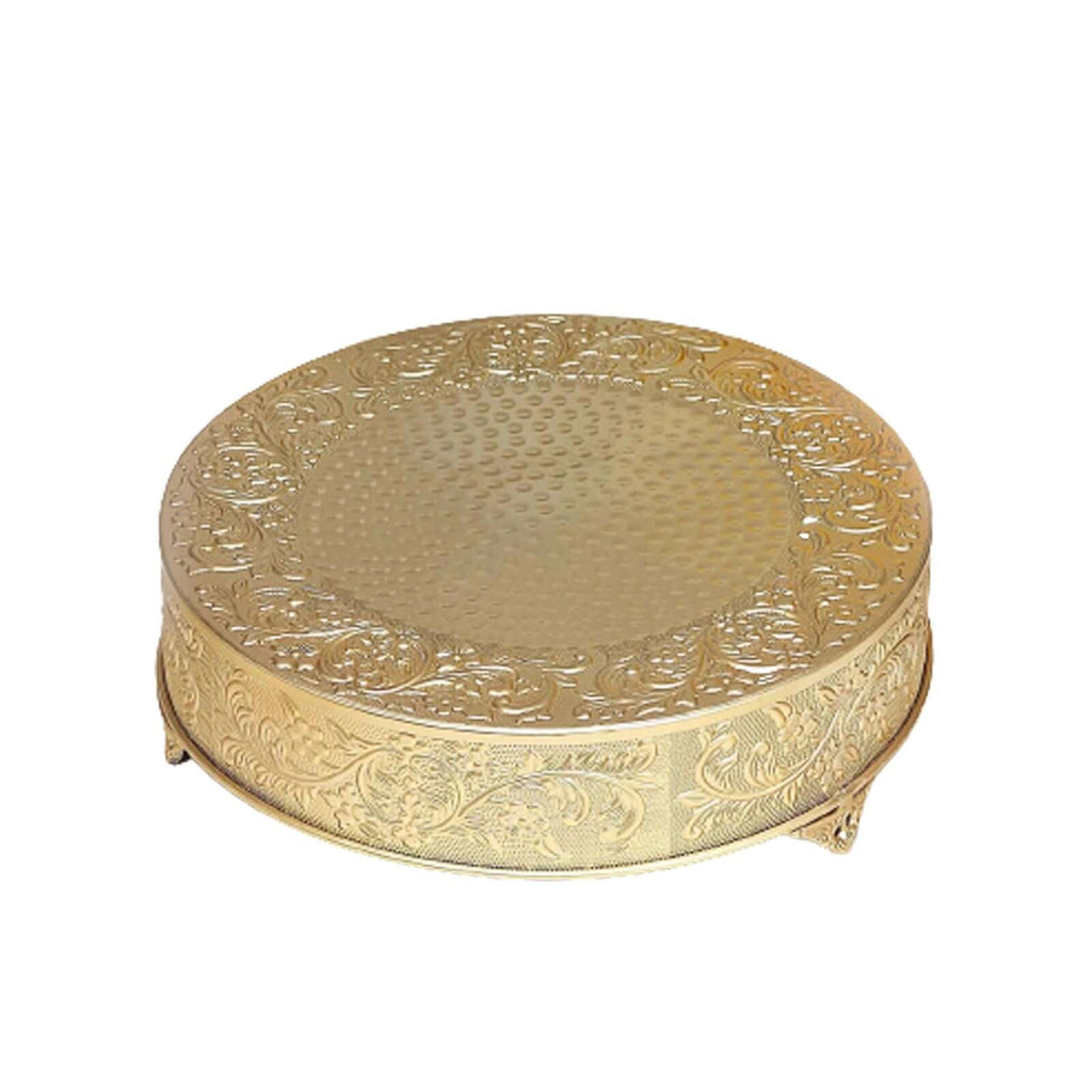 Metal 18" Round Cake Pedestal Stand Matte Gold - Cupcake Dessert Display Riser with Intricate Embossed Design for Upscale Events & Gatherings
