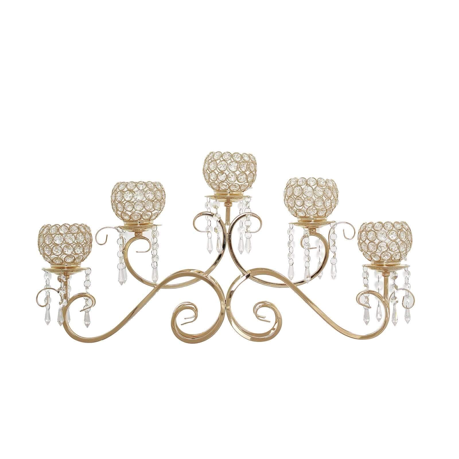 5-Arm Metal Candelabra Horizontal Design with Crystal Goblets Gold - Table Centerpiece for Events 27"
