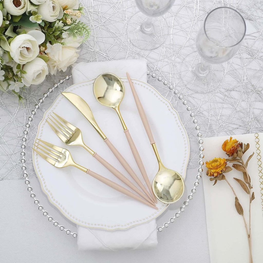 24-Pack Plastic Flatware Set in Metallic Gold with Beige Handle - Heavy Duty Disposable Modern Silverware 8"