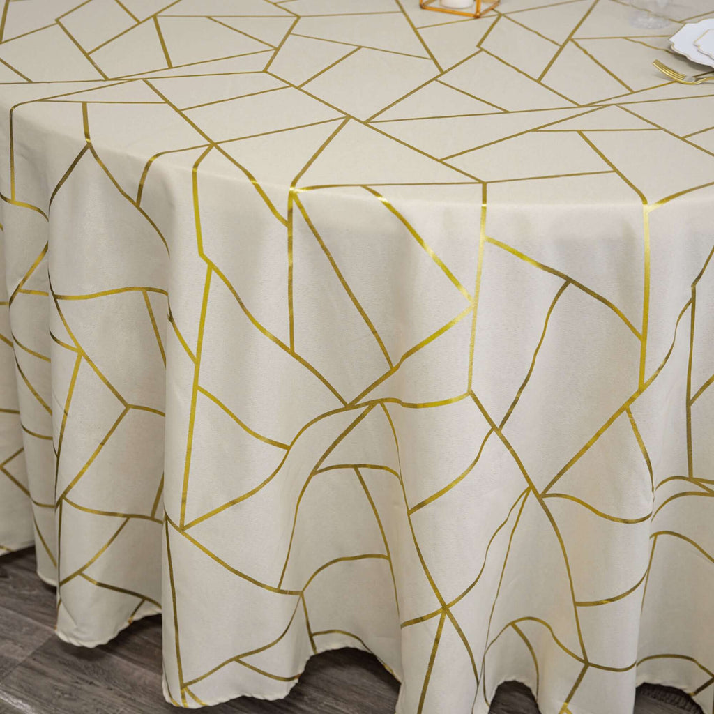 Polyester 120" Round Tablecloth Beige with Gold Foil Geometric Pattern Wrinkle-Resistant Seamless Table Cover