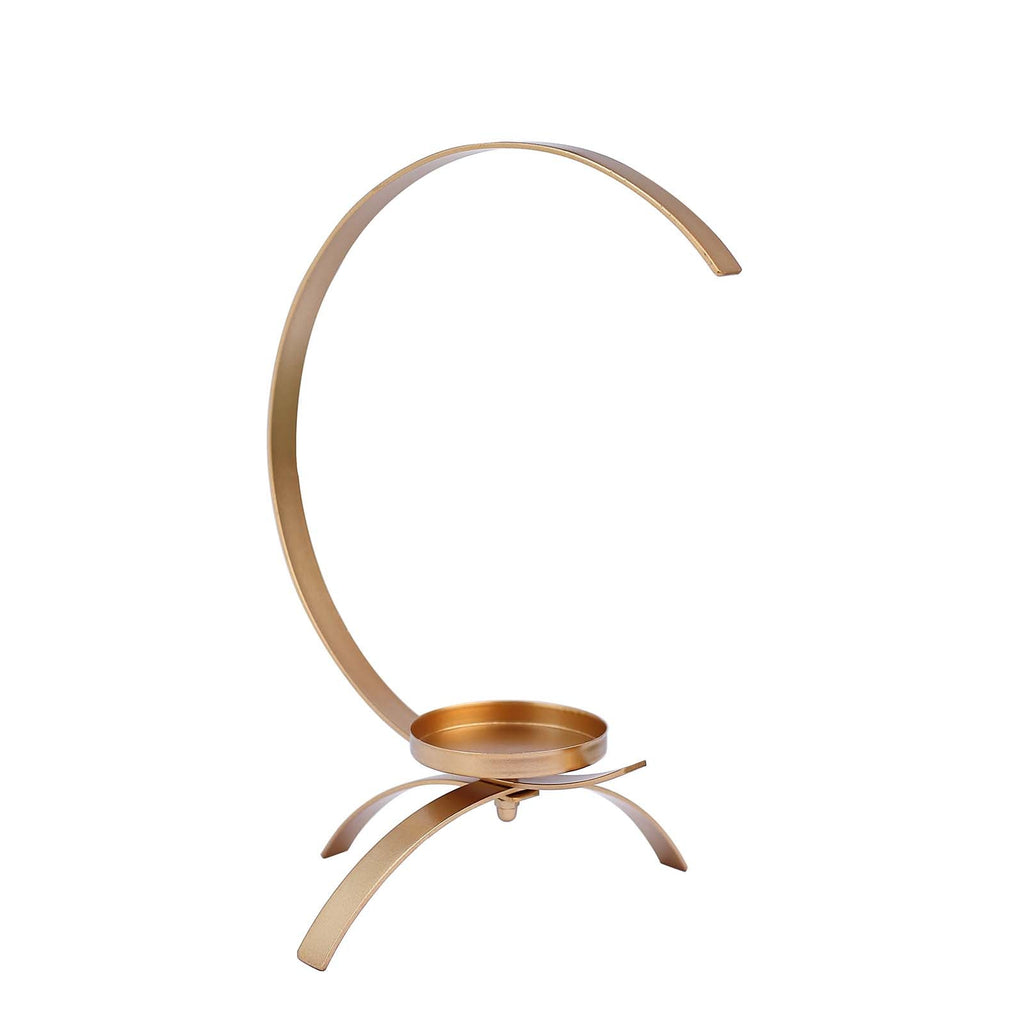 Moon Shaped Tealight Hurricane Candle Holder Gold Metal - Decorative Centerpiece Design 13"