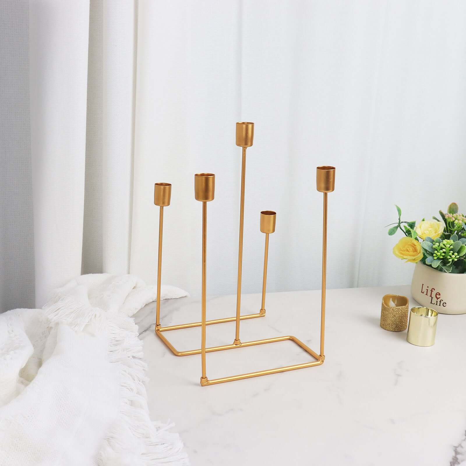 Taper Candle Holder Gold Metal 5-Arm Geometric Candelabra Design - Decorative Piece for Banquets and Celebrations 12"