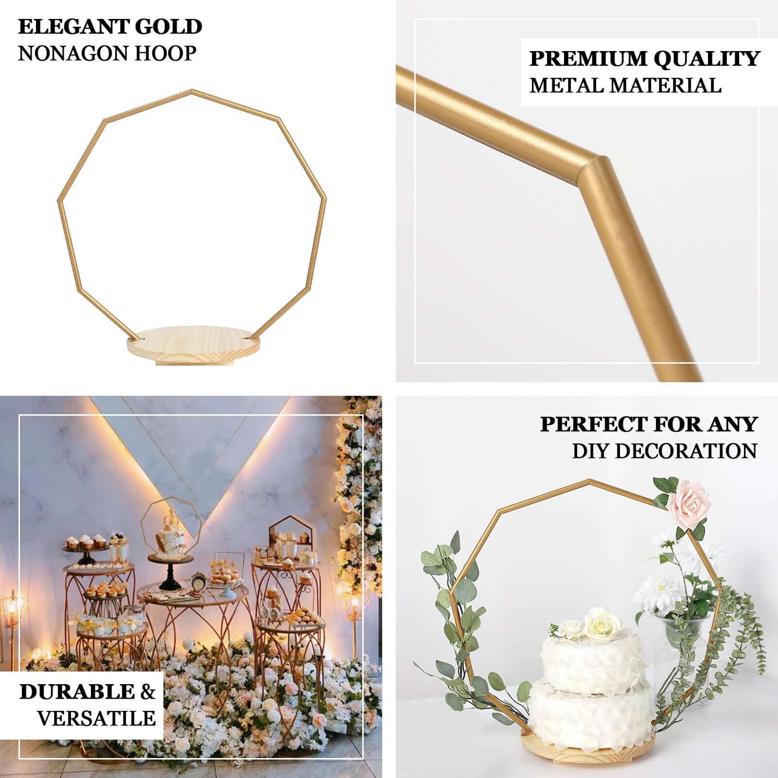 Metal Nonagon Floral Hoop Cake Stand Gold - Chic Geometric Dessert Display DIY Centerpiece Table Decoration With Wooden Base 22"