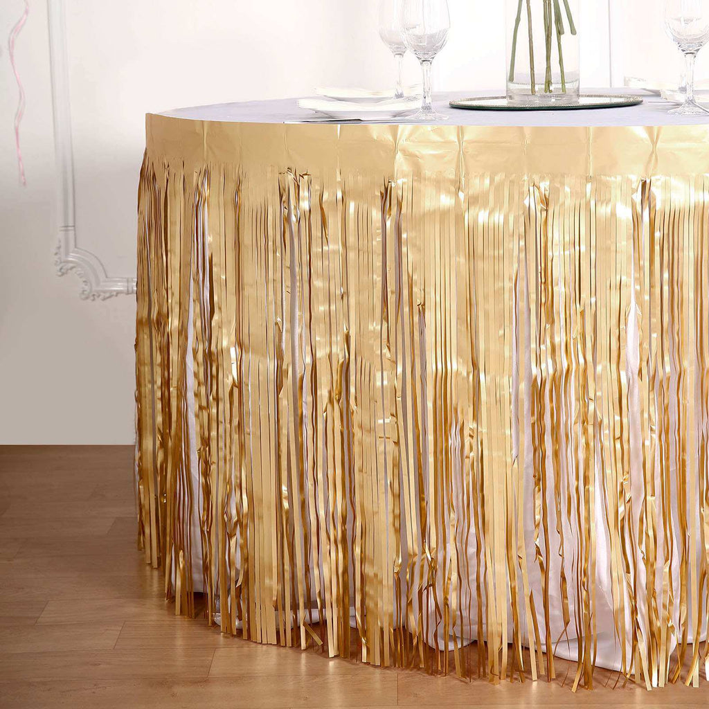 Metallic Foil Fringe Table Skirt Matte Gold with Self Adhesive Backing - Durable Tinsel Skirt for Parties 30"x9ft